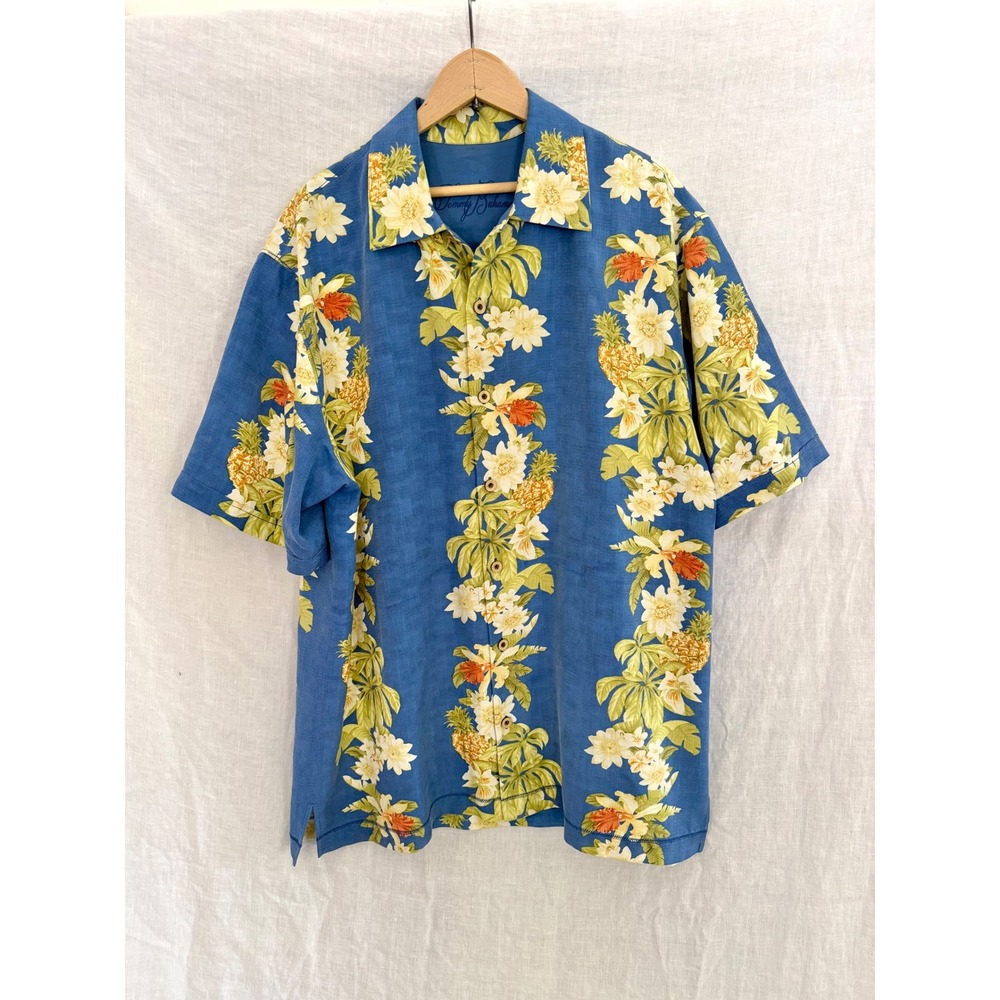 Tommy Bahama Silk Camp Shirt Mens Blue Floral Pineapple Stripe Large